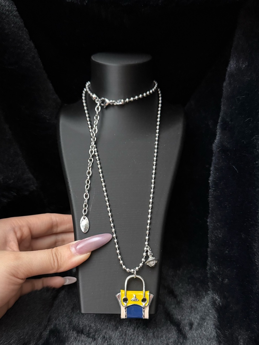 Mini Handbag Pendant Ball Chain Sweater Necklace Colorful Enamel Cute Statement